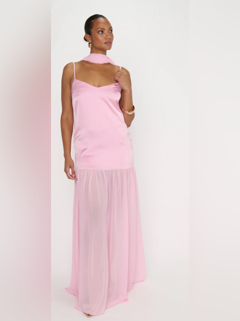 NWT Blush Pink Satin Corset Back Maxi Dress w/ Removable Scarf L/XL